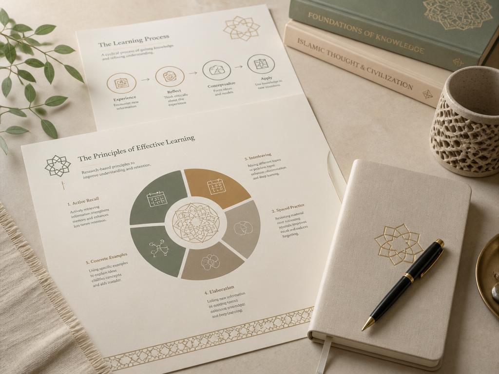 Printed educational sheets with a notebook and pen on a calm academic desk