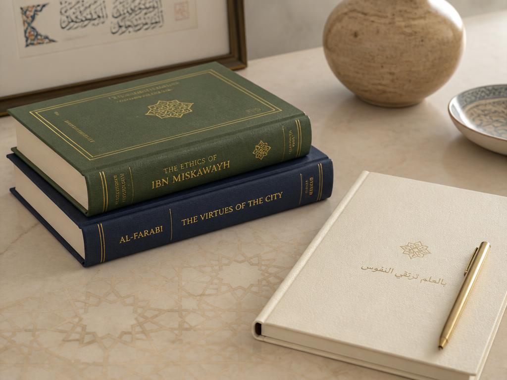 Classical cloth-bound books beside a contemporary notebook on a warm neutral surface