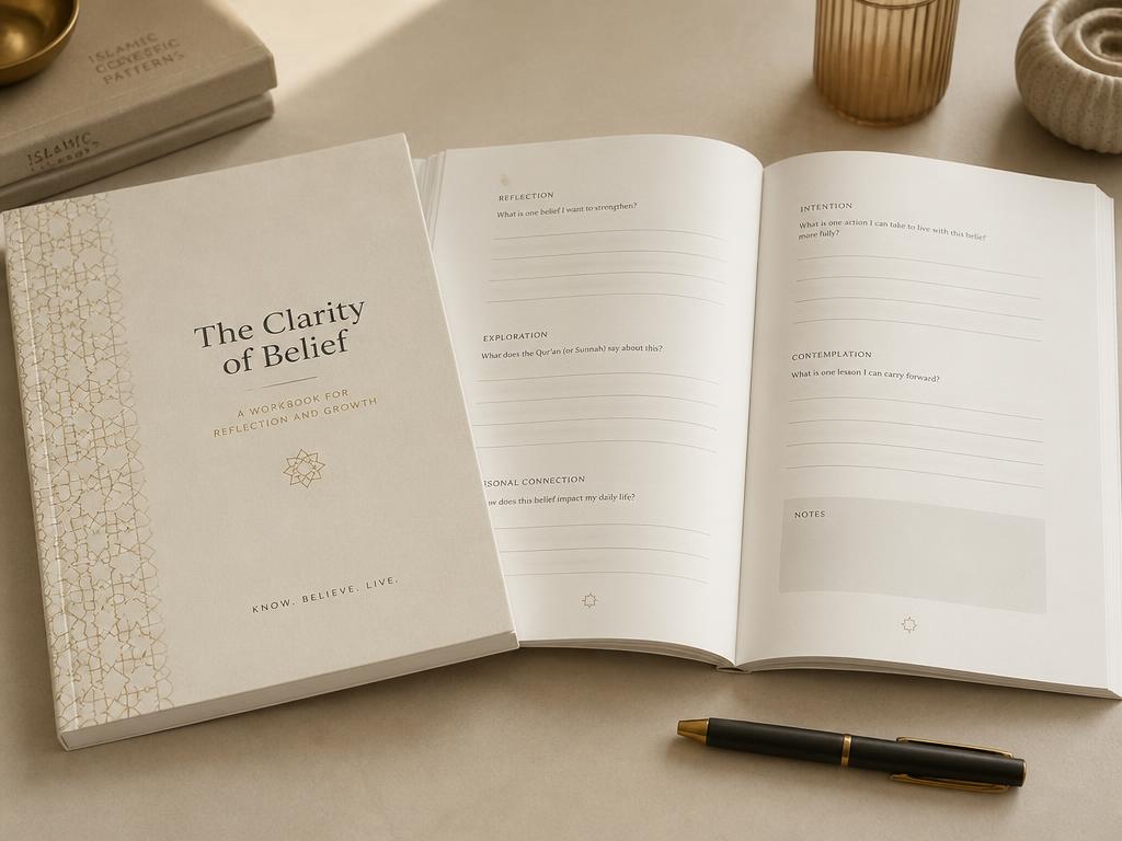 An open guided workbook with reflection prompts and a pen resting on a neutral desk